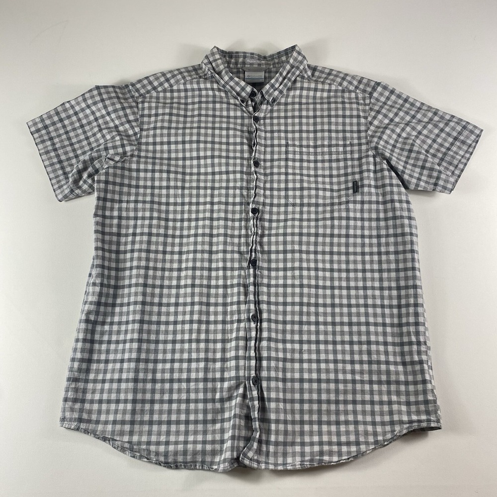Columbia Button Down Shirt Mens XL Grey White Check Cotton Stretch Short Sleeve